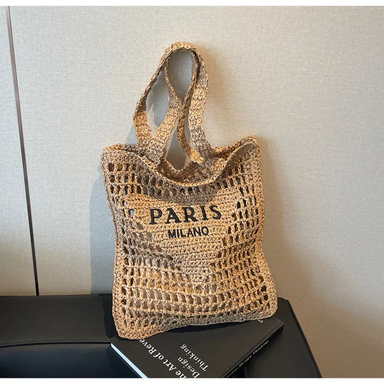 Fashion Straw Shoulder Bags Women Summer Hollow Woven Women's Shoulder Bag Large Capacity Letter Tote Handbag Holiday Beach Bags