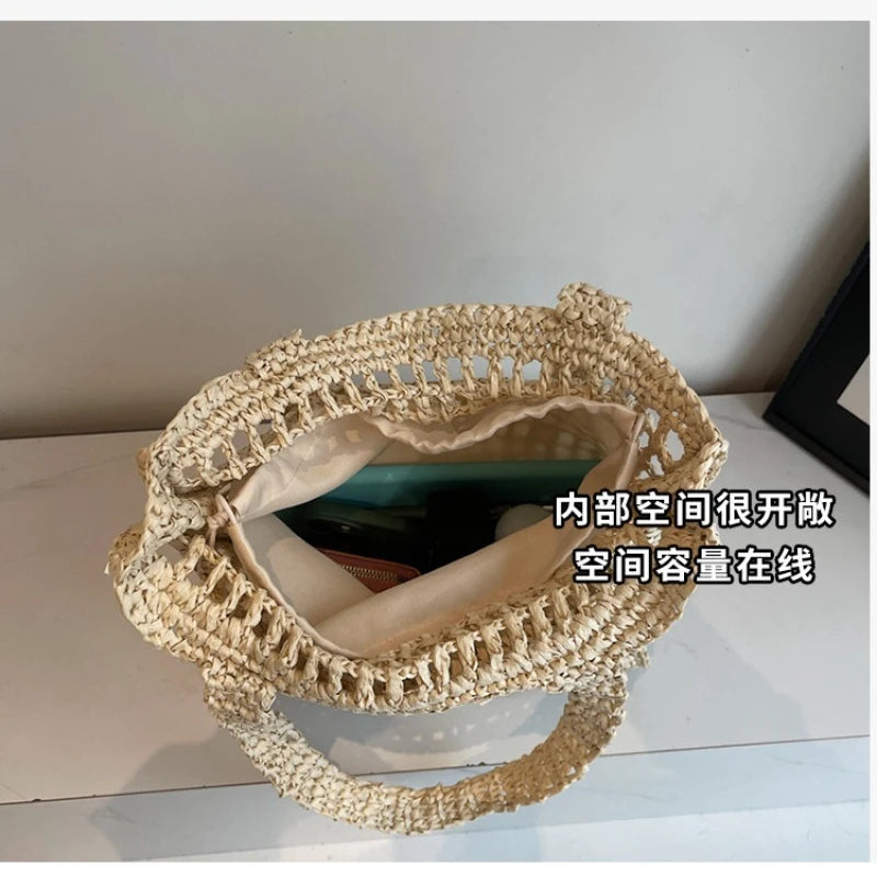 Fashion Straw Shoulder Bags Women Summer Hollow Woven Women's Shoulder Bag Large Capacity Letter Tote Handbag Holiday Beach Bags