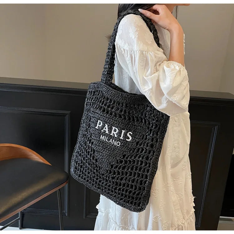Fashion Straw Shoulder Bags Women Summer Hollow Woven Women's Shoulder Bag Large Capacity Letter Tote Handbag Holiday Beach Bags