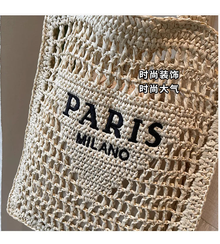 Fashion Straw Shoulder Bags Women Summer Hollow Woven Women's Shoulder Bag Large Capacity Letter Tote Handbag Holiday Beach Bags