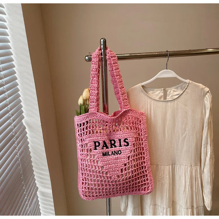 Fashion Straw Shoulder Bags Women Summer Hollow Woven Women's Shoulder Bag Large Capacity Letter Tote Handbag Holiday Beach Bags