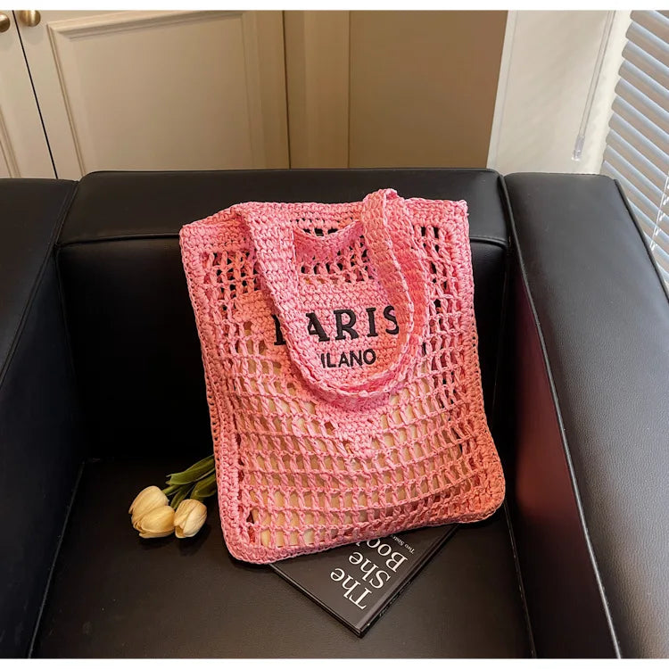 Fashion Straw Shoulder Bags Women Summer Hollow Woven Women's Shoulder Bag Large Capacity Letter Tote Handbag Holiday Beach Bags