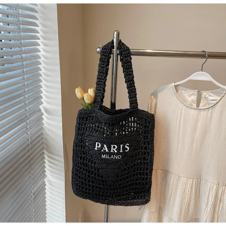 Fashion Straw Shoulder Bags Women Summer Hollow Woven Women's Shoulder Bag Large Capacity Letter Tote Handbag Holiday Beach Bags