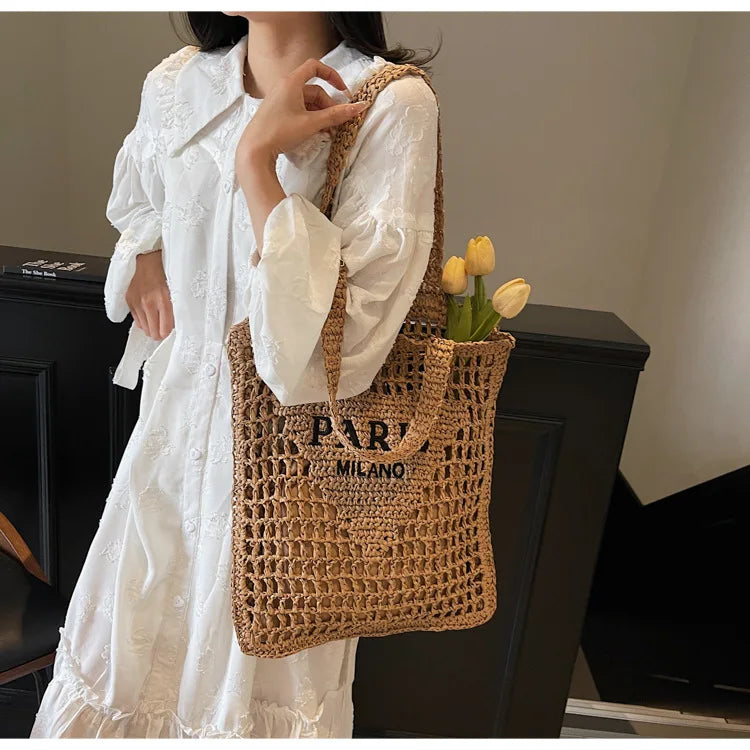 Fashion Straw Shoulder Bags Women Summer Hollow Woven Women's Shoulder Bag Large Capacity Letter Tote Handbag Holiday Beach Bags