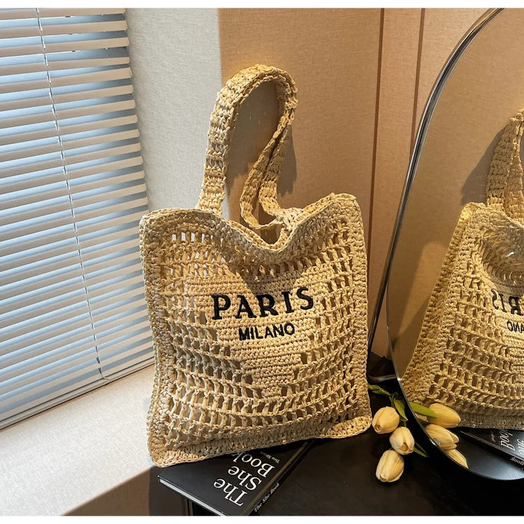 Fashion Straw Shoulder Bags Women Summer Hollow Woven Women's Shoulder Bag Large Capacity Letter Tote Handbag Holiday Beach Bags