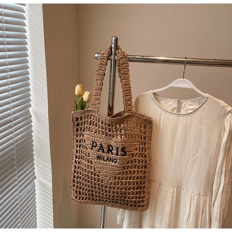 Fashion Straw Shoulder Bags Women Summer Hollow Woven Women's Shoulder Bag Large Capacity Letter Tote Handbag Holiday Beach Bags