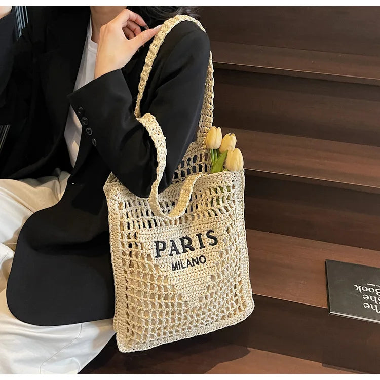 Fashion Straw Shoulder Bags Women Summer Hollow Woven Women's Shoulder Bag Large Capacity Letter Tote Handbag Holiday Beach Bags
