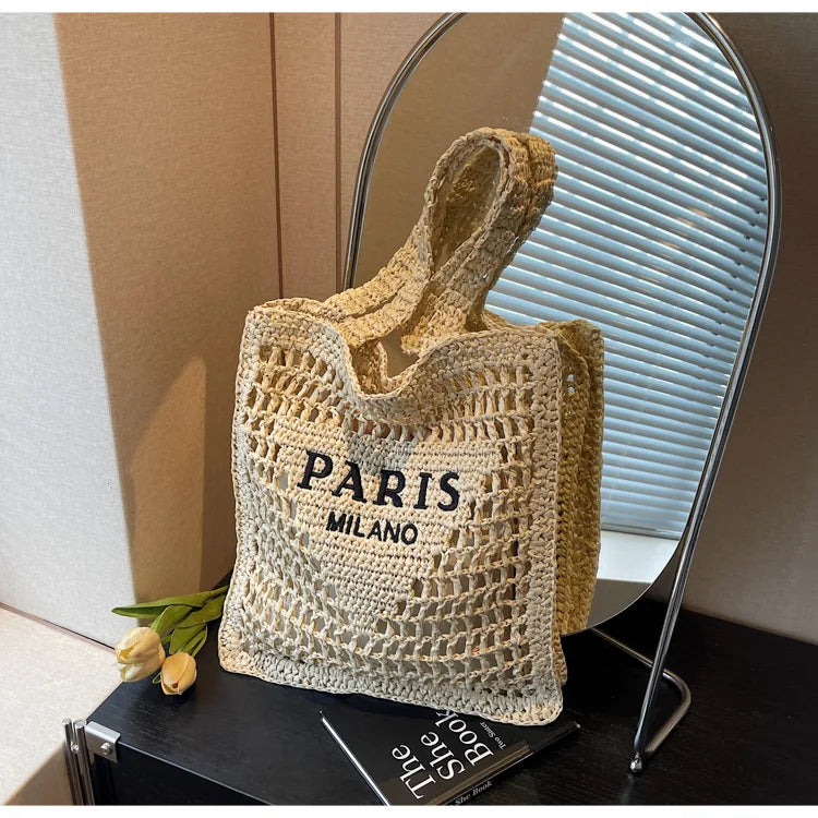 Fashion Straw Shoulder Bags Women Summer Hollow Woven Women's Shoulder Bag Large Capacity Letter Tote Handbag Holiday Beach Bags