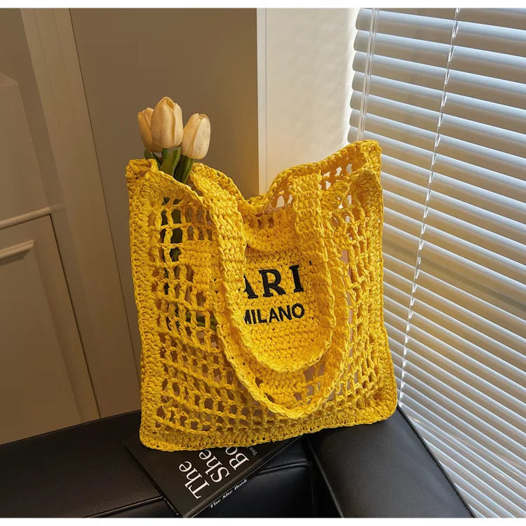 Fashion Straw Shoulder Bags Women Summer Hollow Woven Women's Shoulder Bag Large Capacity Letter Tote Handbag Holiday Beach Bags