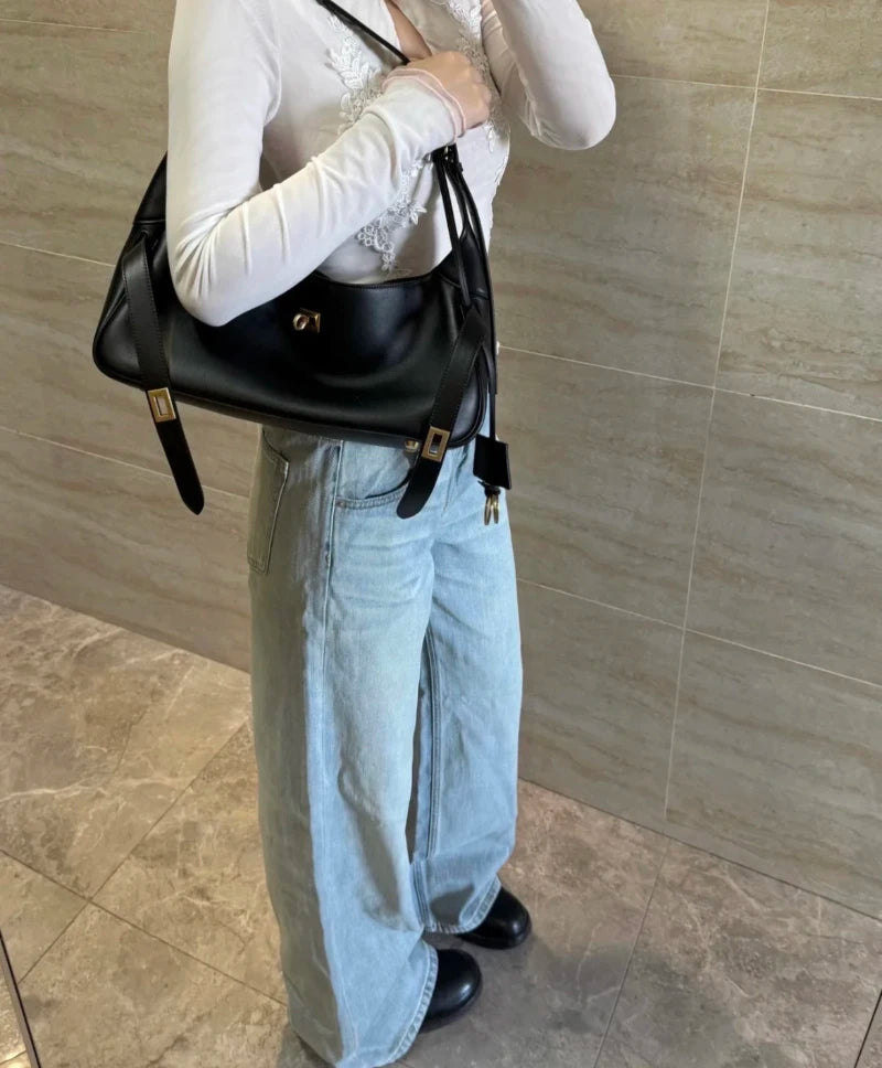 2026 Belt Buckle Tote Bags For Women Cowhide Luxury Designer Hot Hobo Bags INS Fashion Street Rectangular Ring Padlock Handbags