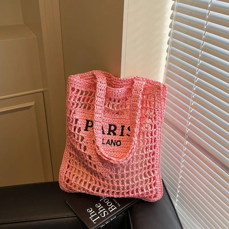 Fashion Straw Shoulder Bags Women Summer Hollow Woven Women's Shoulder Bag Large Capacity Letter Tote Handbag Holiday Beach Bags