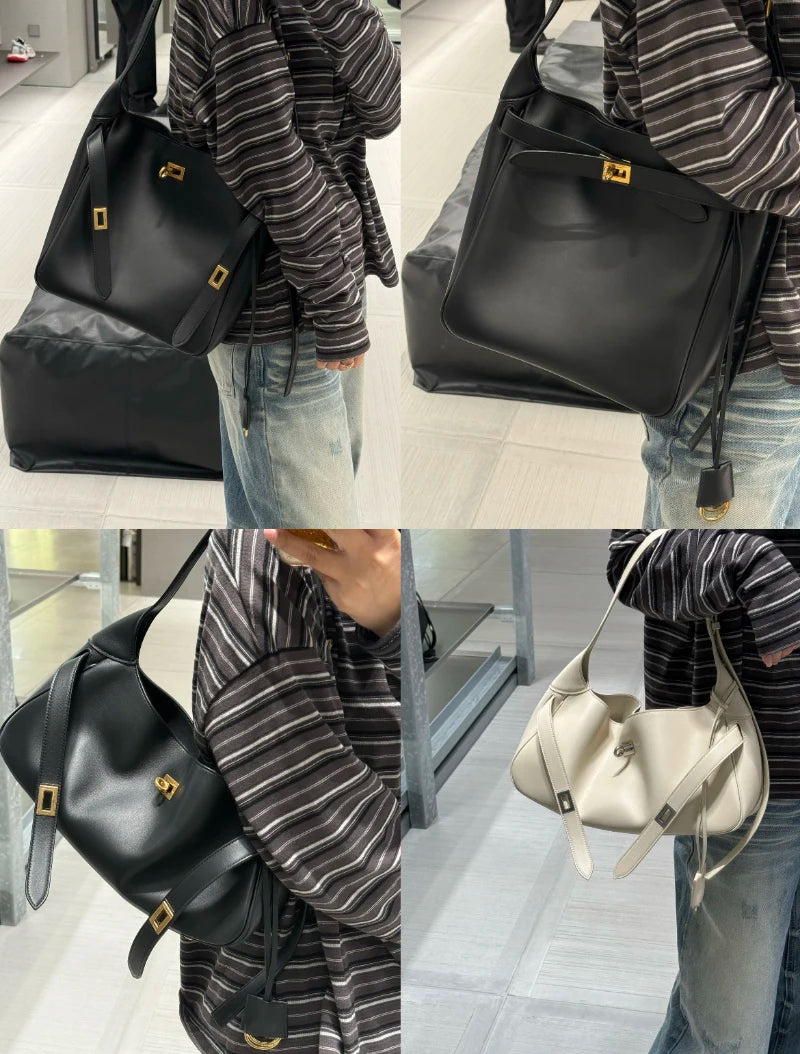 2026 Belt Buckle Tote Bags For Women Cowhide Luxury Designer Hot Hobo Bags INS Fashion Street Rectangular Ring Padlock Handbags