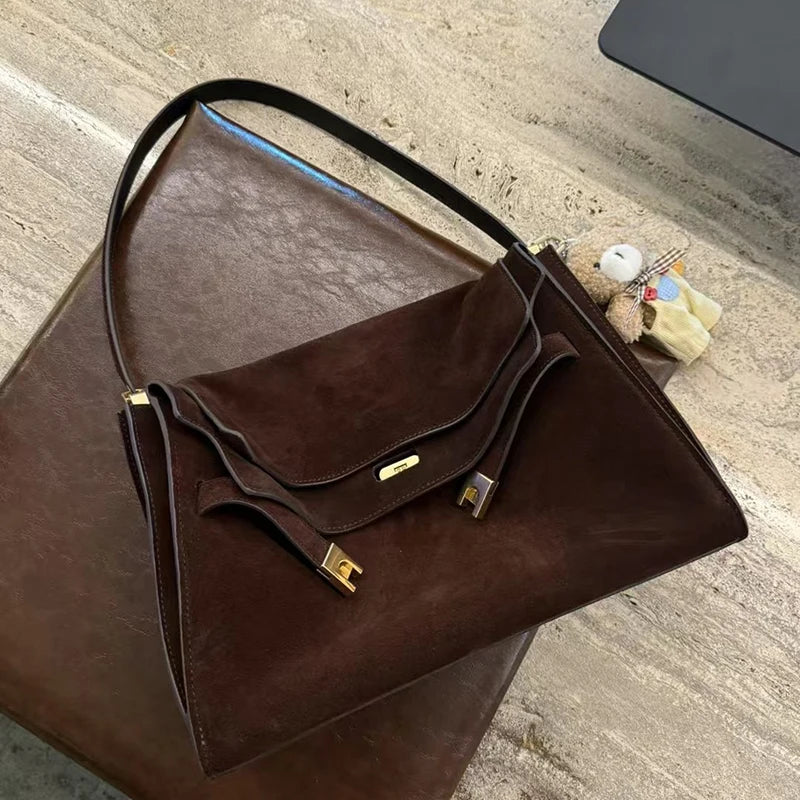 New Winter Luxury Brand Women Handbags Genuine Leather Shoulder Bags Women Retro Suede Leather Gold Buckle Square Bags Woman