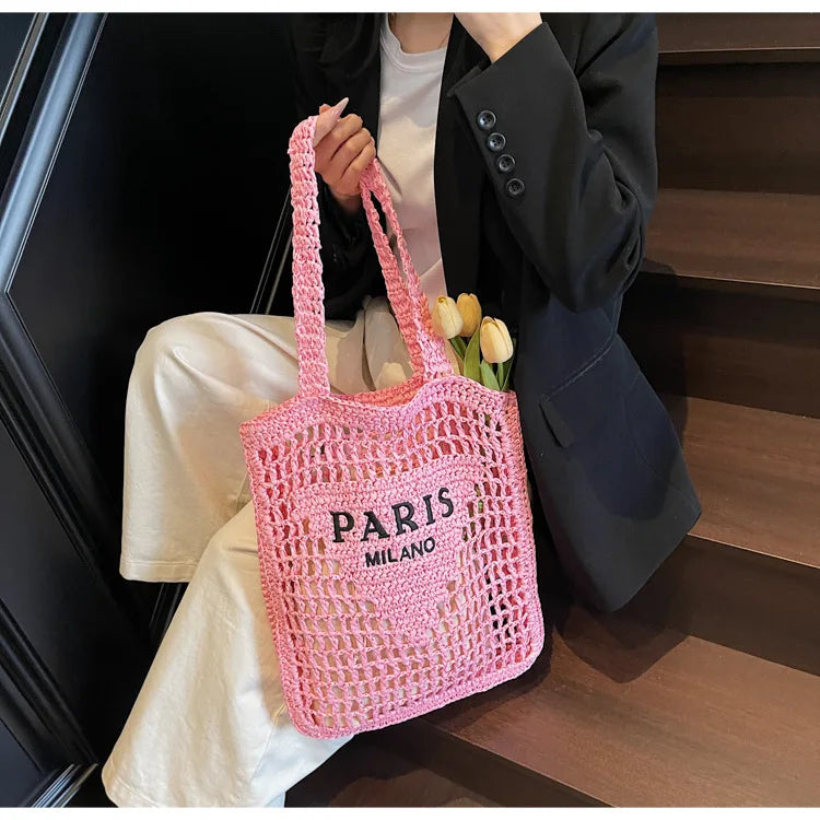 Fashion Straw Shoulder Bags Women Summer Hollow Woven Women's Shoulder Bag Large Capacity Letter Tote Handbag Holiday Beach Bags